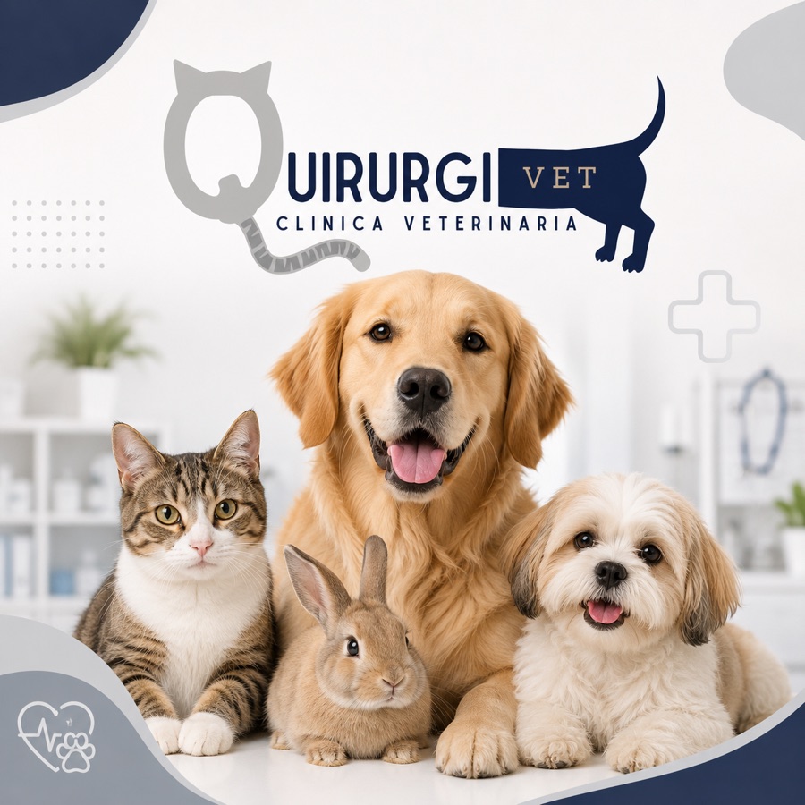 Perros, gato y conejo acompañados del logo de Quirurgivet